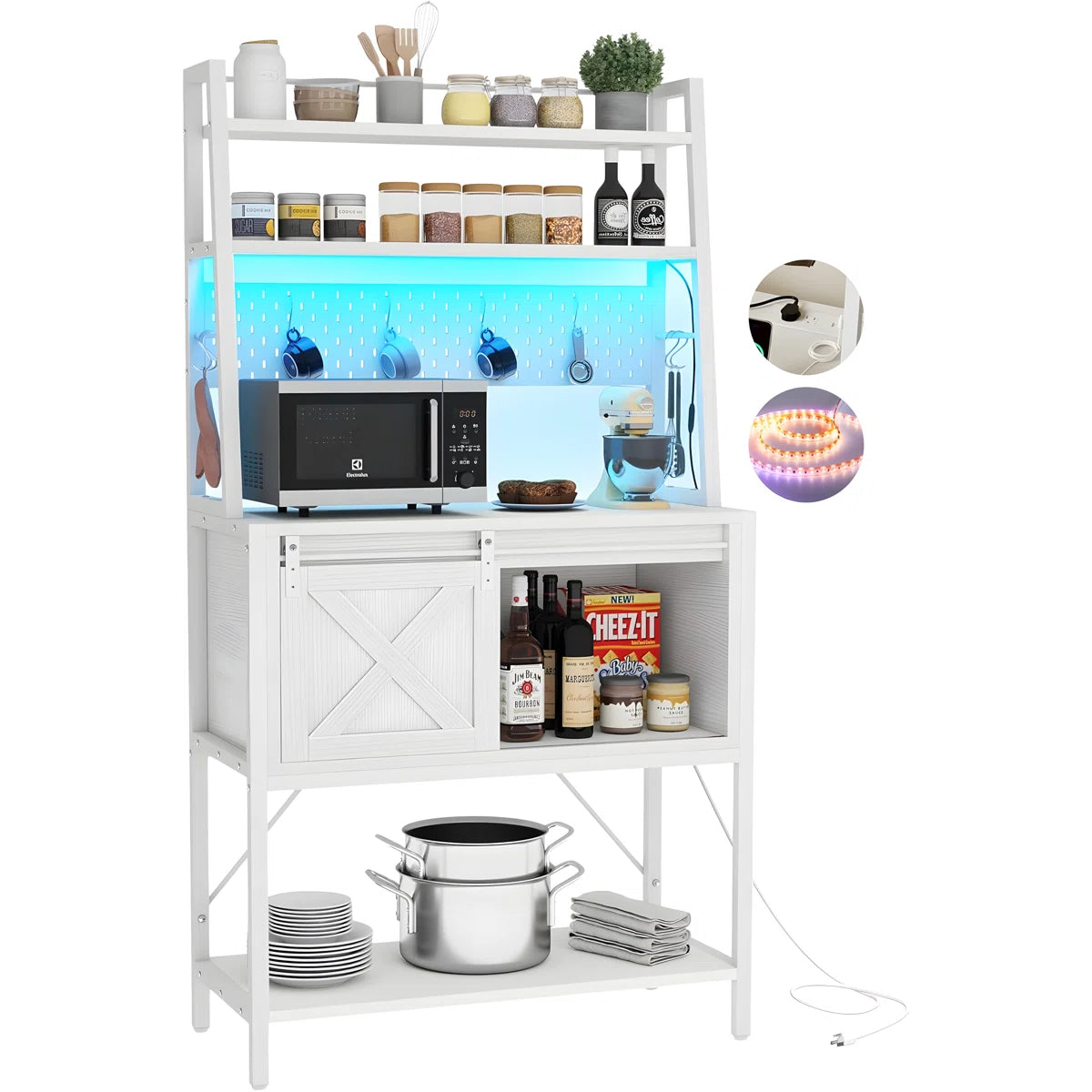 Kitchen Racks: Functional kitchen rack with power outlet, LED lights, sliding barn door, adjustable shelving