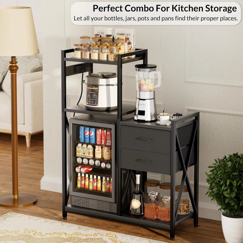 Kitchen Racks: Power outlet-equipped baker's rack, refrigerator stand with shelves and drawers for storage