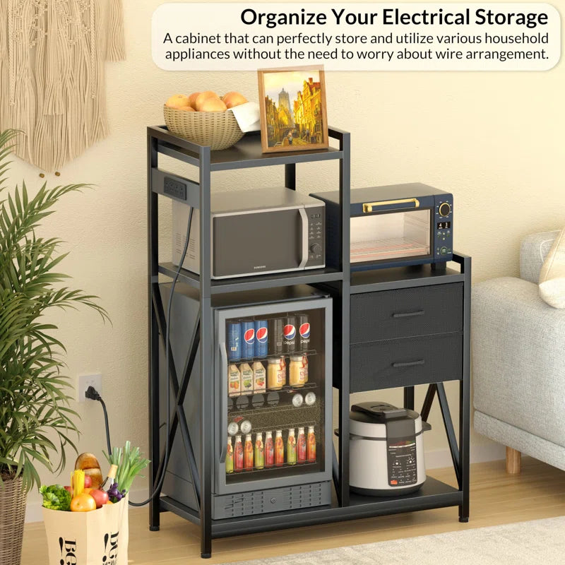 Kitchen Racks: Power outlet-equipped baker's rack, refrigerator stand with shelves and drawers for storage