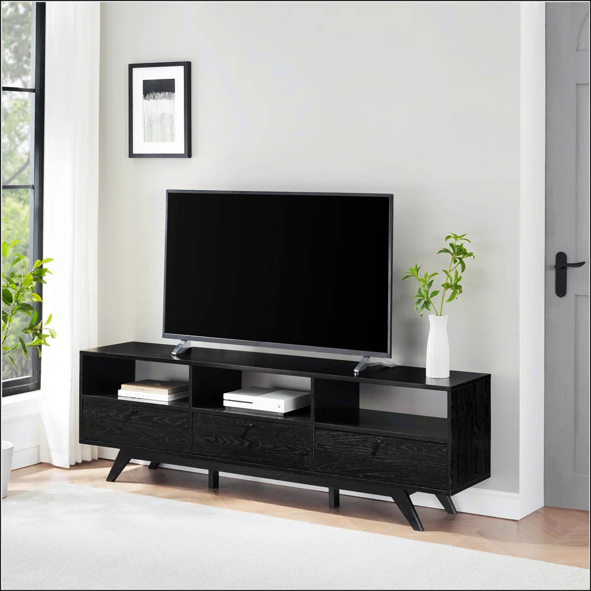 tv panel: 70" TV stand fits 78" screens, features three dropdown storage doors