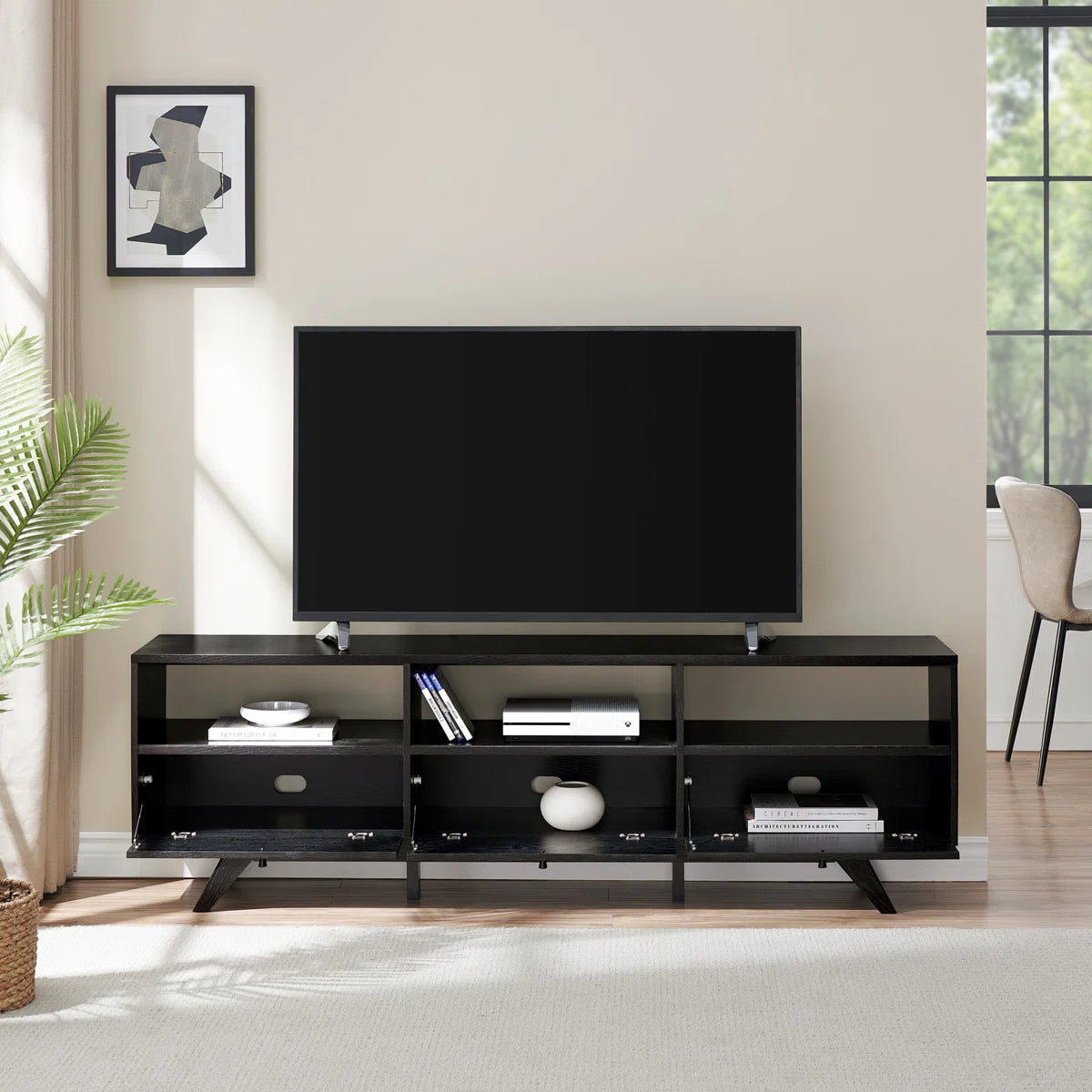 tv panel: 70" TV stand fits 78" screens, features three dropdown storage doors