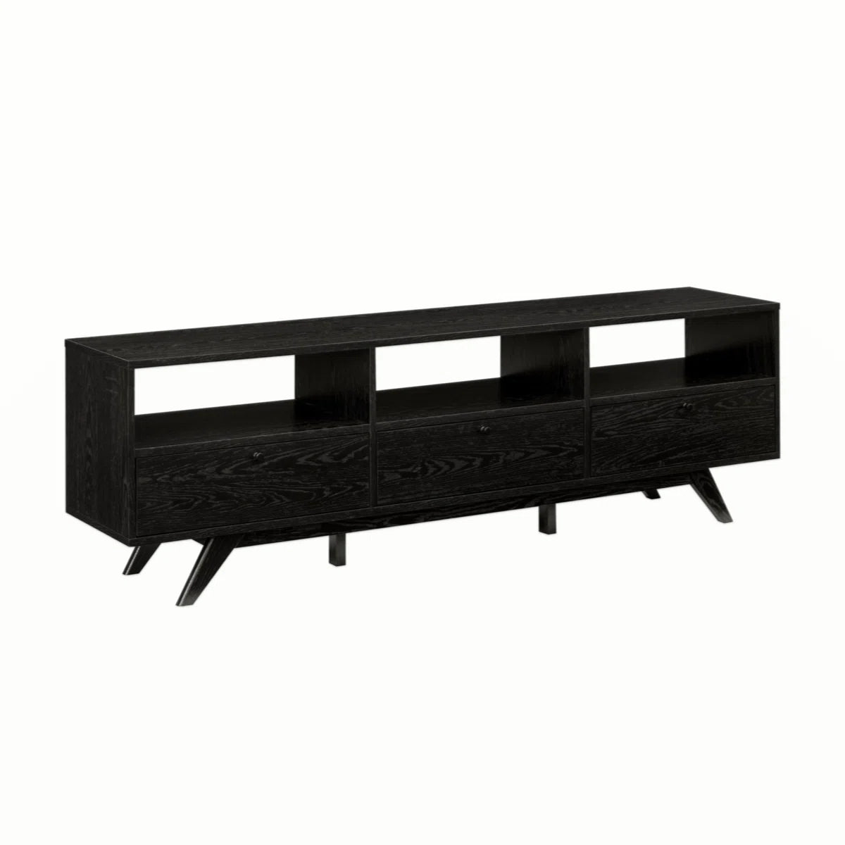 tv panel: 70" TV stand fits 78" screens, features three dropdown storage doors