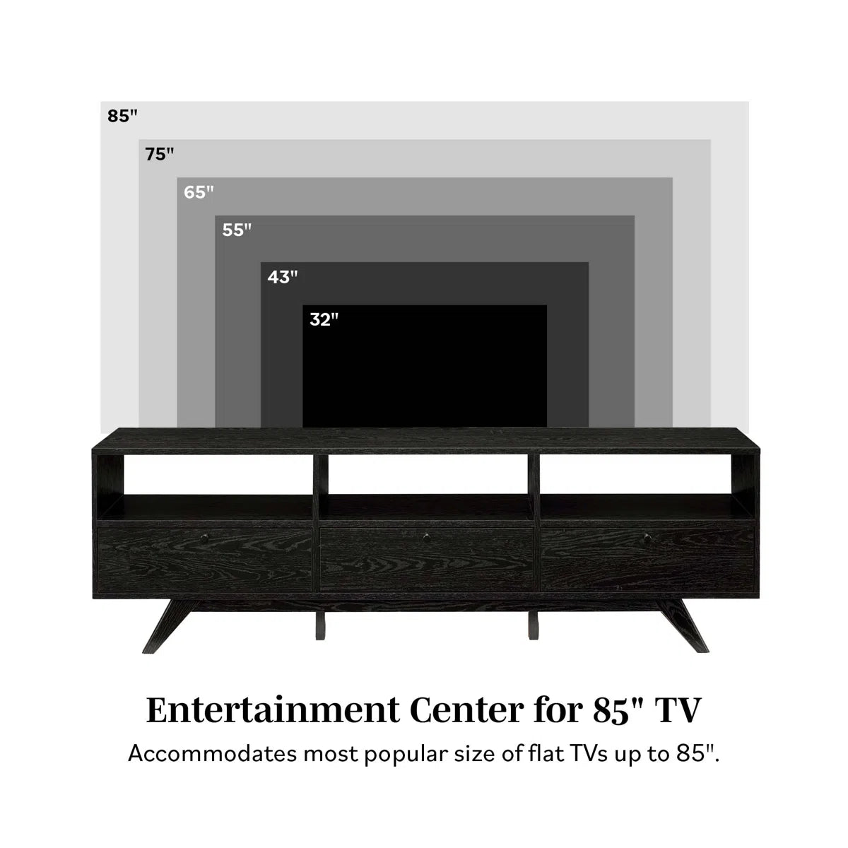 tv panel: 70" TV stand fits 78" screens, features three dropdown storage doors