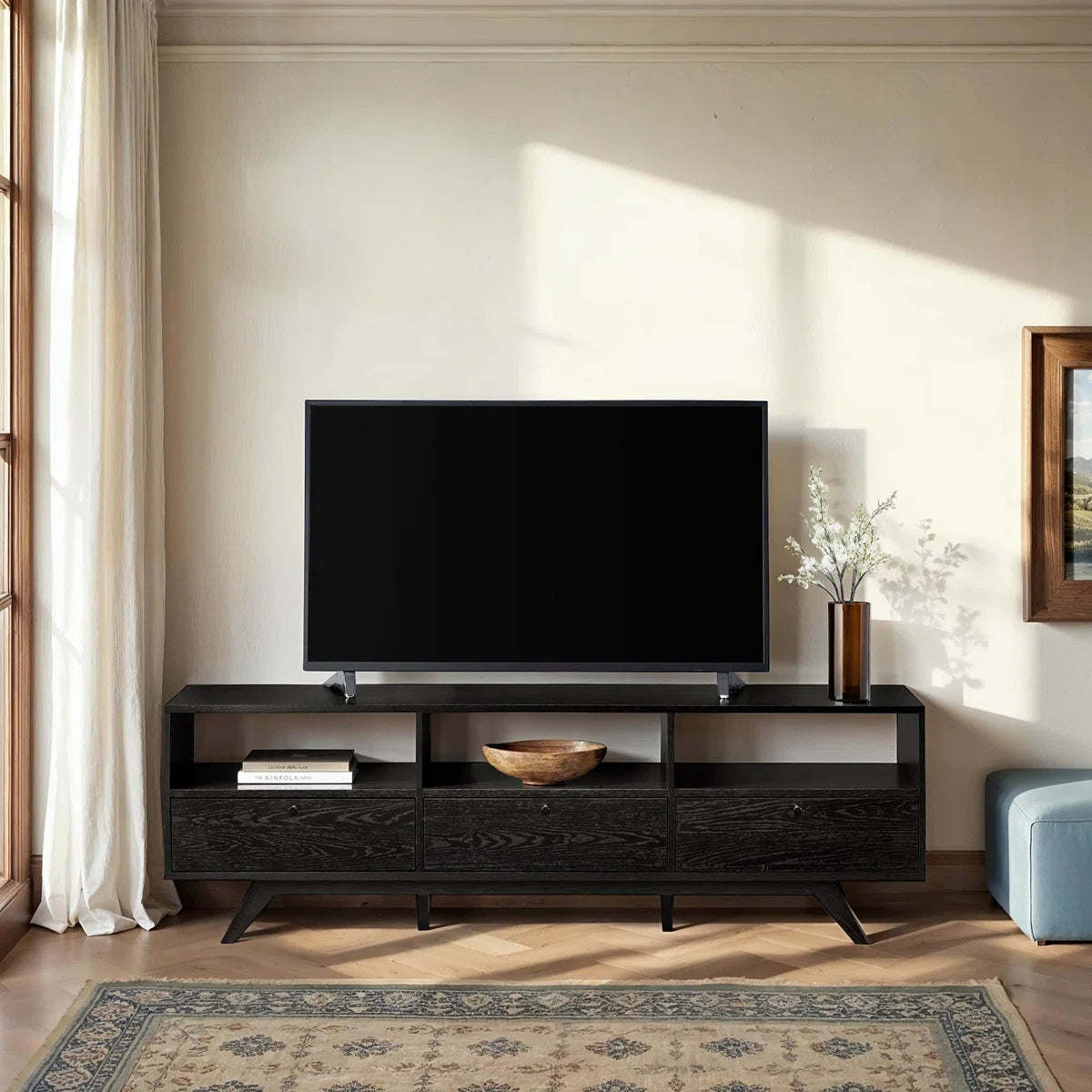 tv panel: 70" TV stand fits 78" screens, features three dropdown storage doors