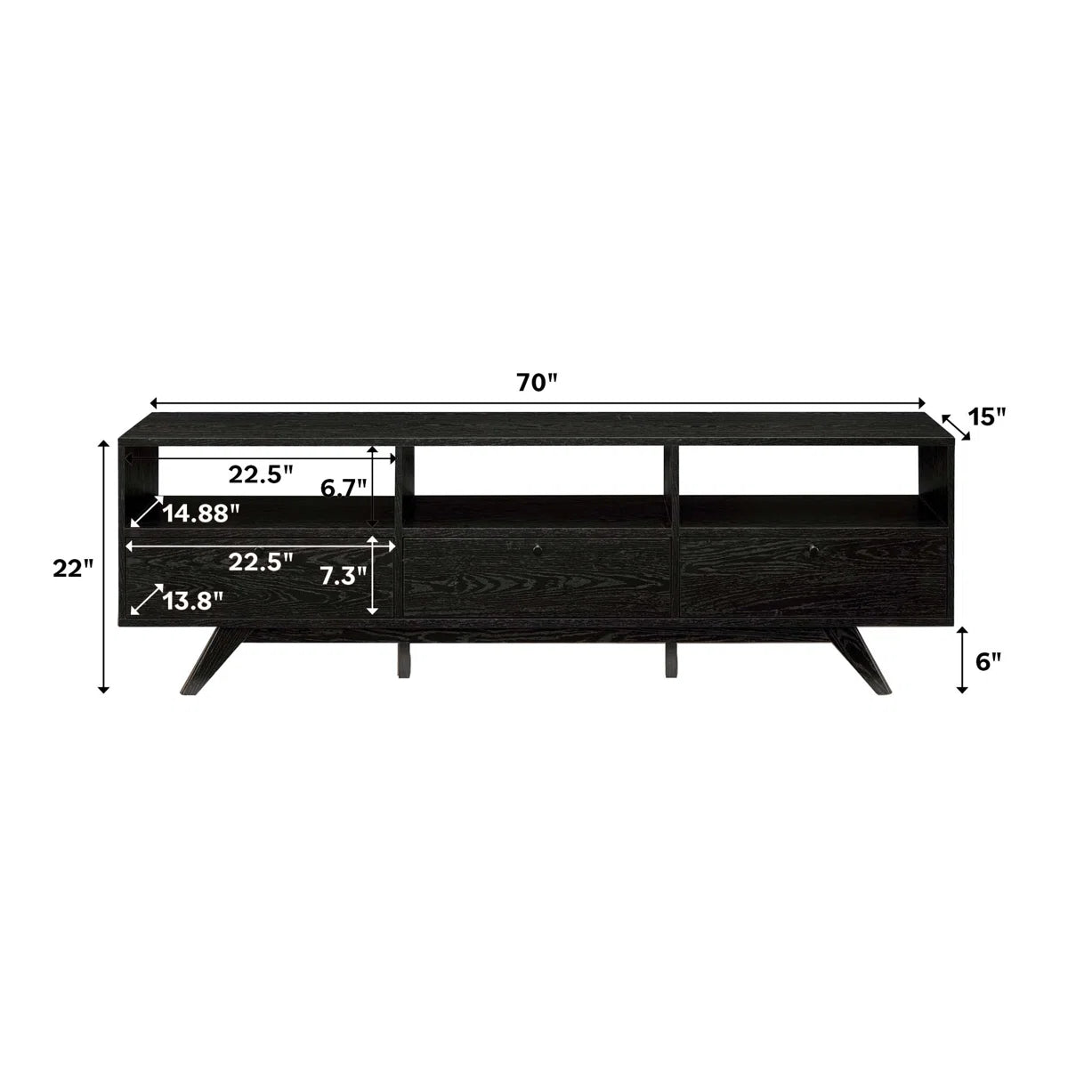 tv panel: 70" TV stand fits 78" screens, features three dropdown storage doors