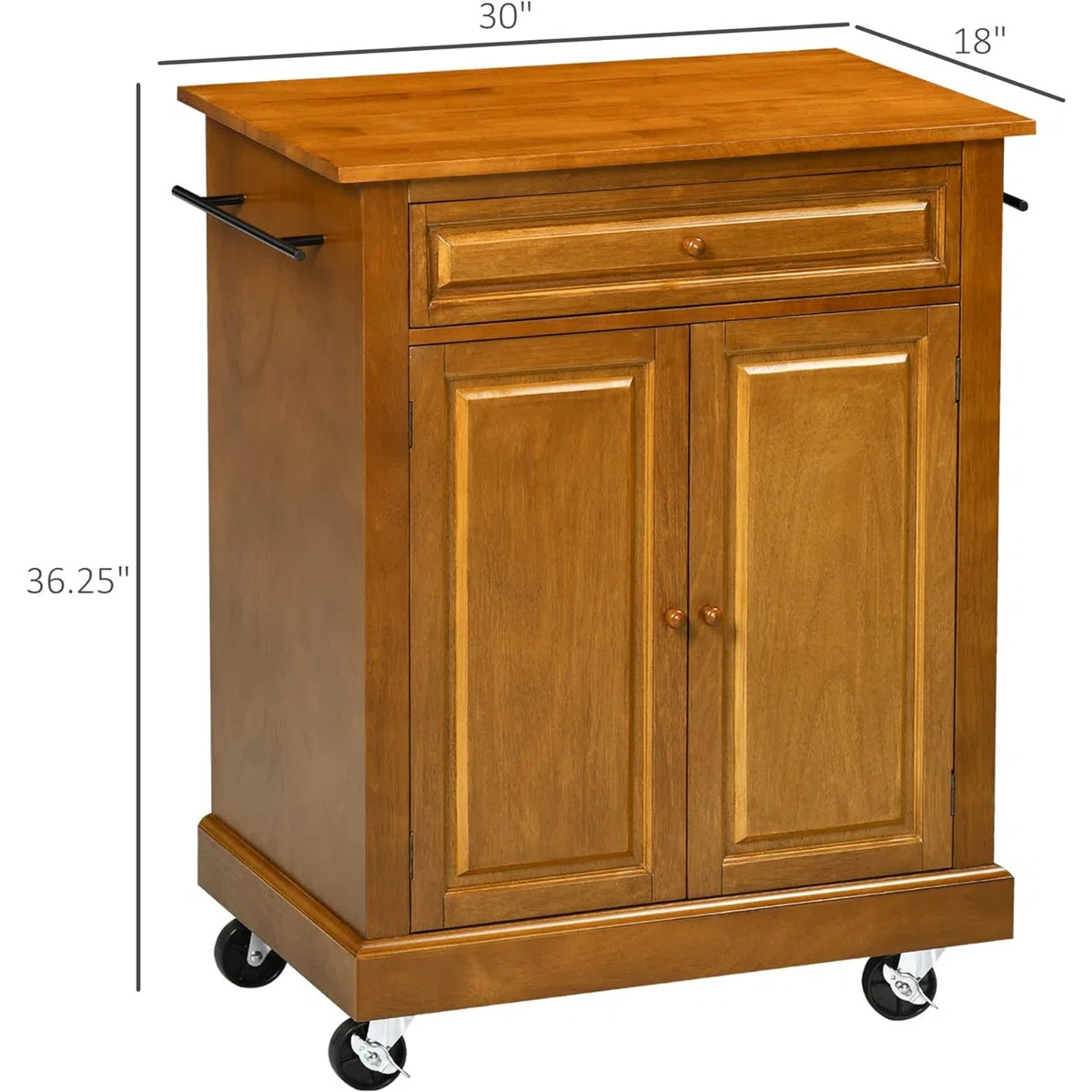 Kitchen Island Table: 36.25" Wide Brown Kitchen Cart with Rubberwood Top, Drawer & Cabinet