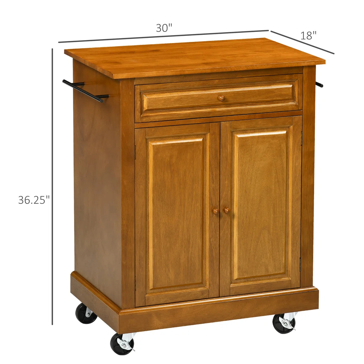 Kitchen Island Table: 36.25" Wide Brown Kitchen Cart with Rubberwood Top, Drawer & Cabinet