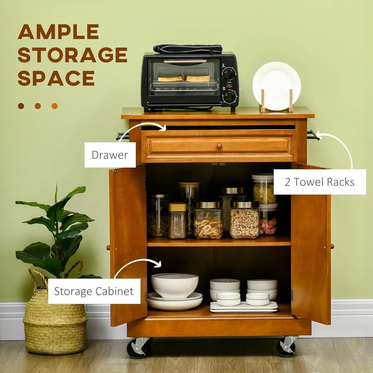 Kitchen Island Table: 36.25" Wide Brown Kitchen Cart with Rubberwood Top, Drawer & Cabinet