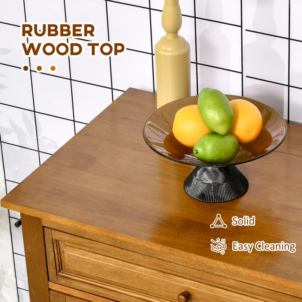 Kitchen Island Table: 36.25" Wide Brown Kitchen Cart with Rubberwood Top, Drawer & Cabinet