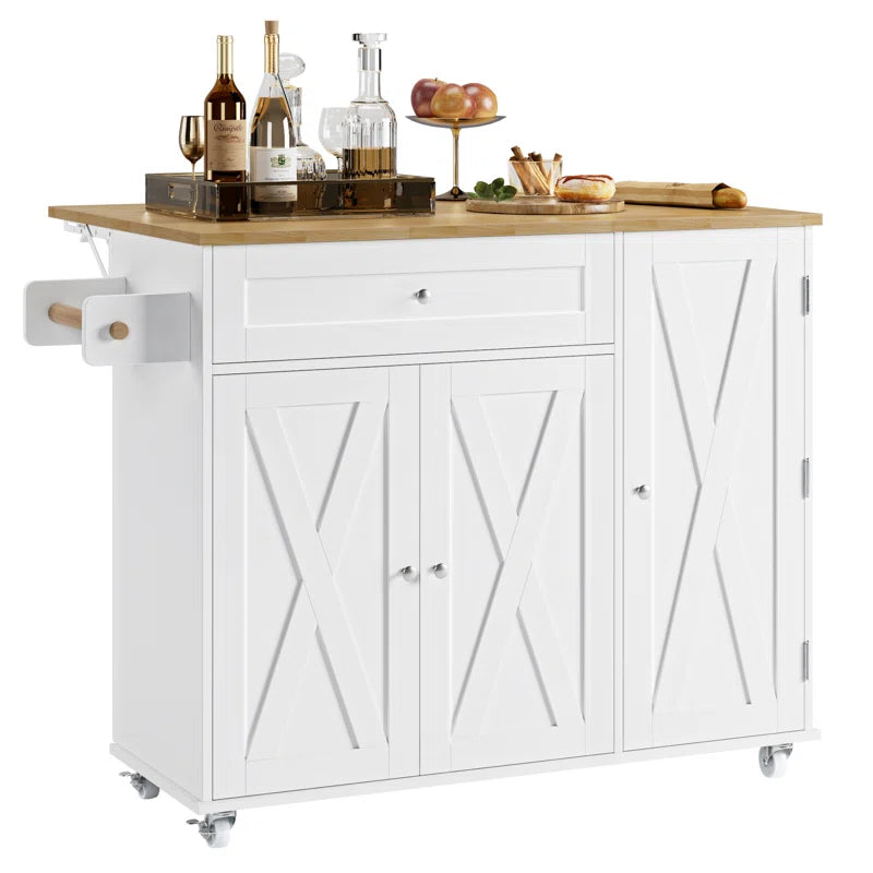 Kitchen Island Table – 47.6" Wide Farmhouse Rolling Cart with Drop Leaf, Cabinets & Towel Rack