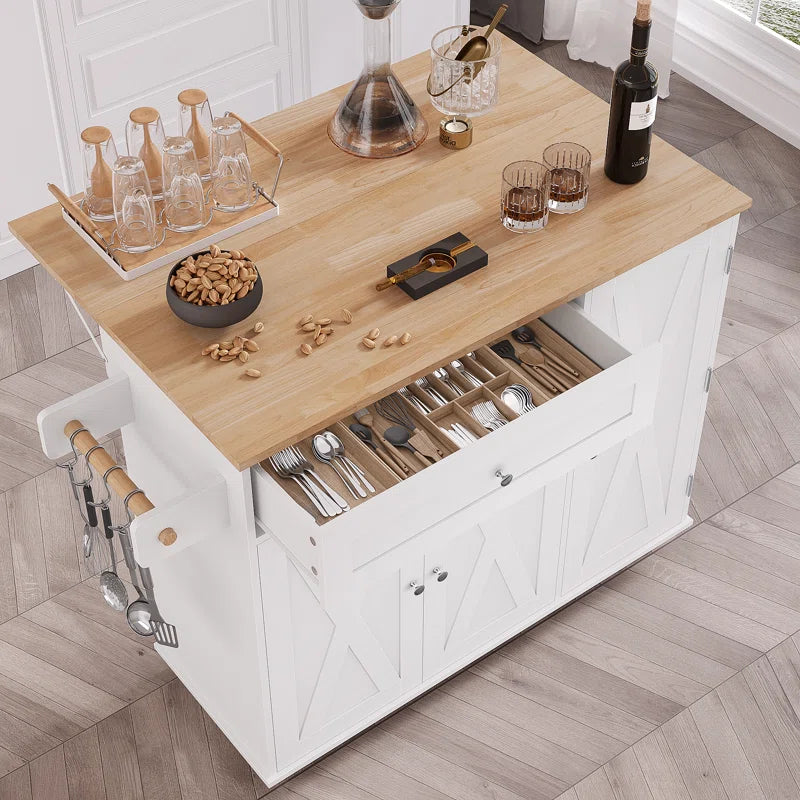 Kitchen Island Table – 47.6" Wide Farmhouse Rolling Cart with Drop Leaf, Cabinets & Towel Rack