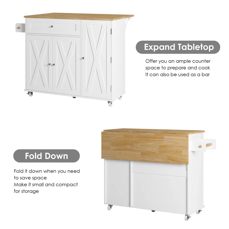 Kitchen Island Table – 47.6" Wide Farmhouse Rolling Cart with Drop Leaf, Cabinets & Towel Rack