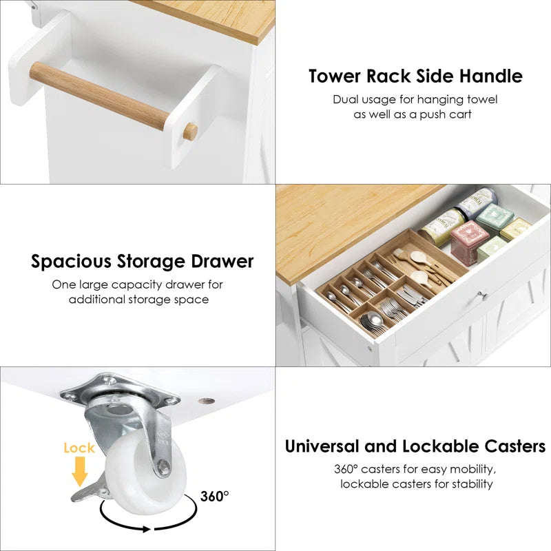Kitchen Island Table – 47.6" Wide Farmhouse Rolling Cart with Drop Leaf, Cabinets & Towel Rack