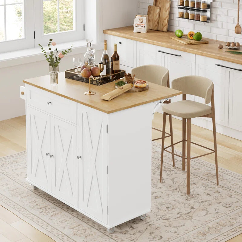 Kitchen Island Table – 47.6" Wide Farmhouse Rolling Cart with Drop Leaf, Cabinets & Towel Rack
