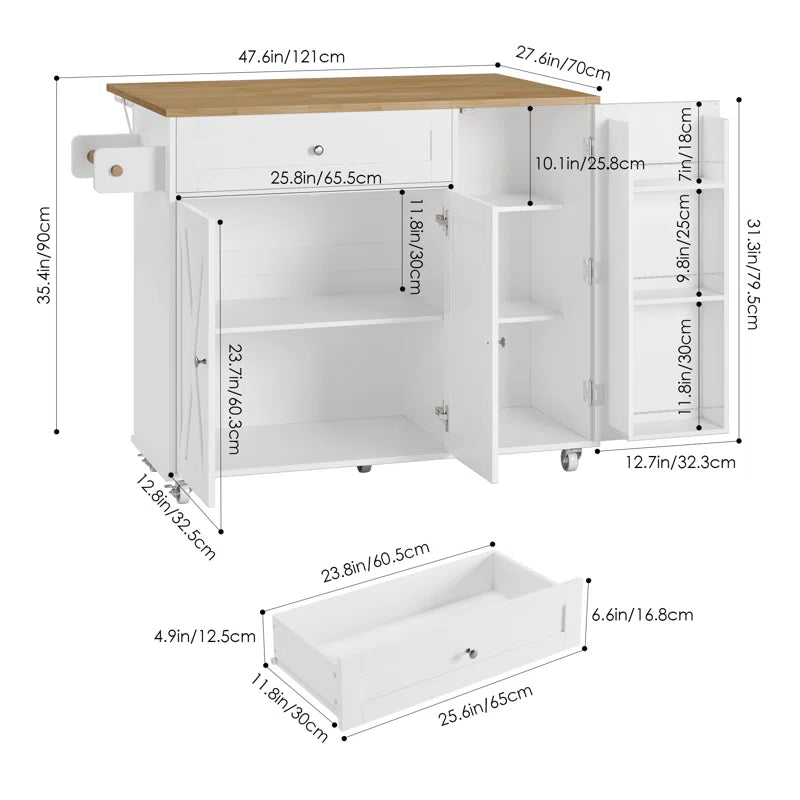 Kitchen Island Table – 47.6" Wide Farmhouse Rolling Cart with Drop Leaf, Cabinets & Towel Rack