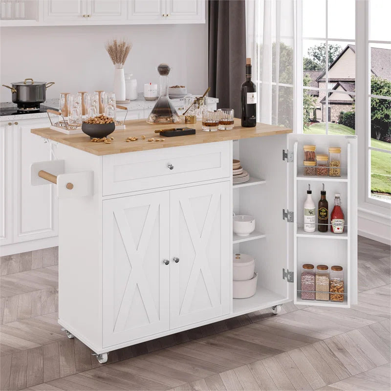 Kitchen Island Table – 47.6" Wide Farmhouse Rolling Cart with Drop Leaf, Cabinets & Towel Rack