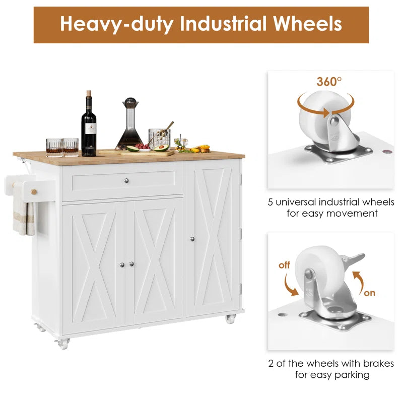 Kitchen Island Table – 47.6" Wide Farmhouse Rolling Cart with Drop Leaf, Cabinets & Towel Rack