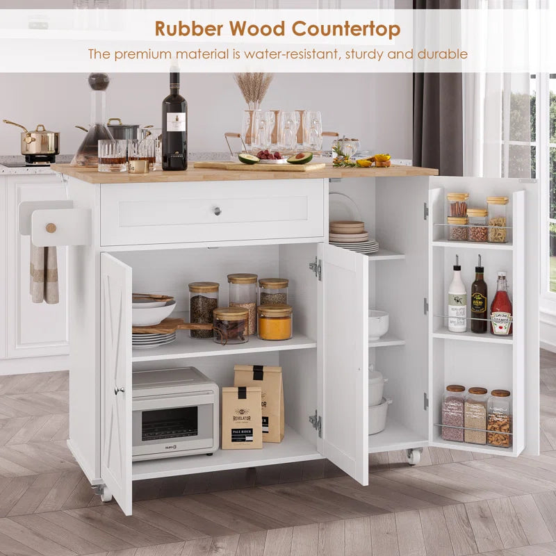 Kitchen Island Table – 47.6" Wide Farmhouse Rolling Cart with Drop Leaf, Cabinets & Towel Rack