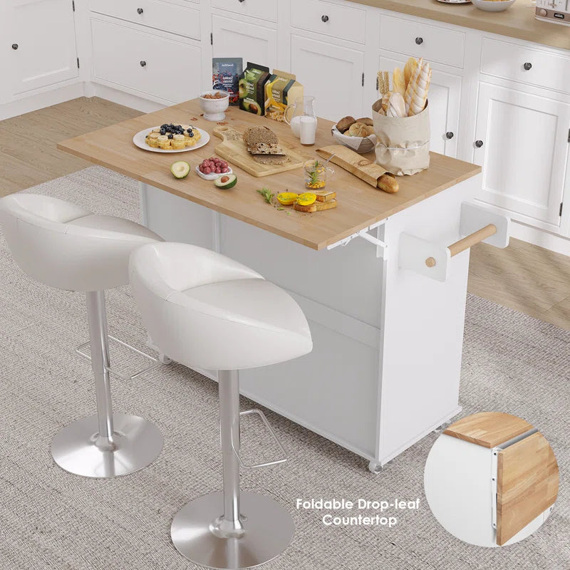 Kitchen Island Table – 47.6" Wide Farmhouse Rolling Cart with Drop Leaf, Cabinets & Towel Rack