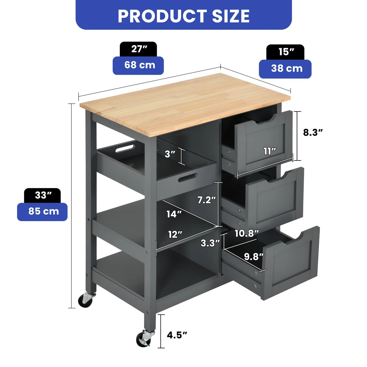 Kitchen Island Table: 27" Wide Portable Kitchen Cart with Drawers, Shelves & Locking Wheels