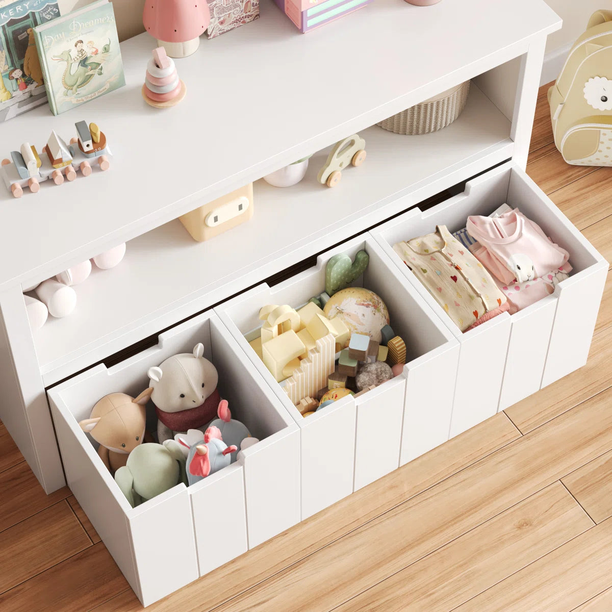 Kids Toy Storage Unit: 3-Bin Bookcase with Open Shelf and Wheels