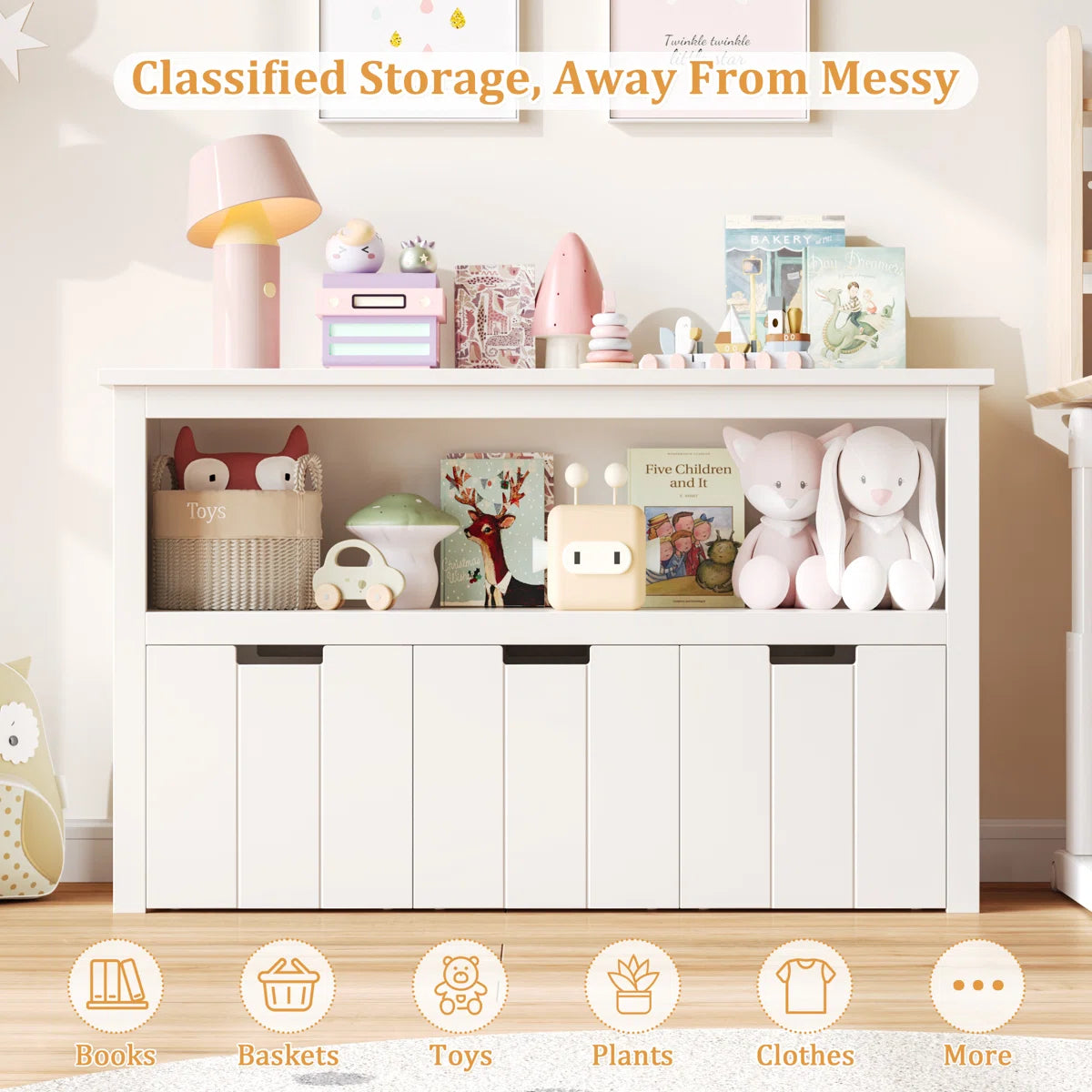 Kids Toy Storage Unit: 3-Bin Bookcase with Open Shelf and Wheels