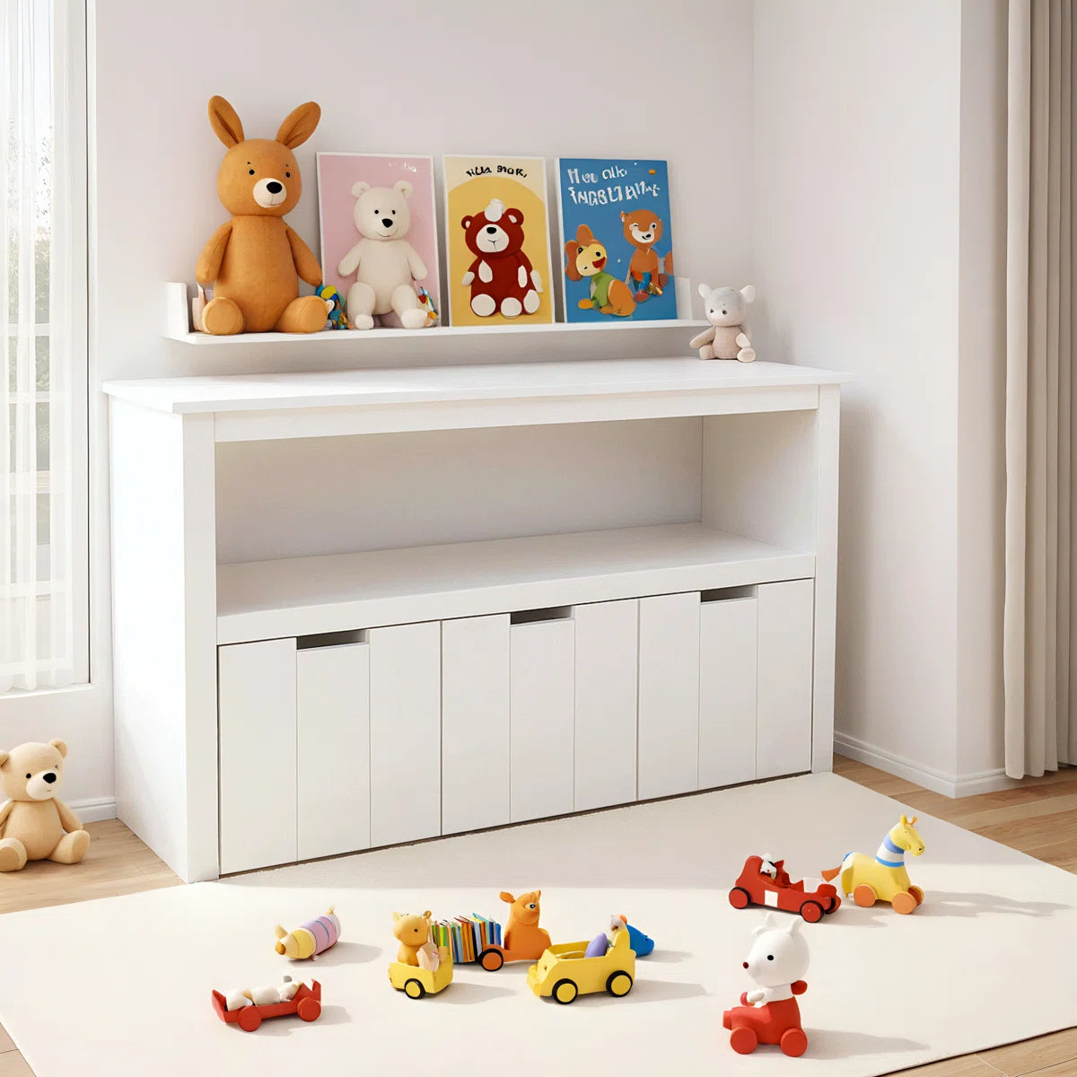 Kids Toy Storage Unit: 3-Bin Bookcase with Open Shelf and Wheels