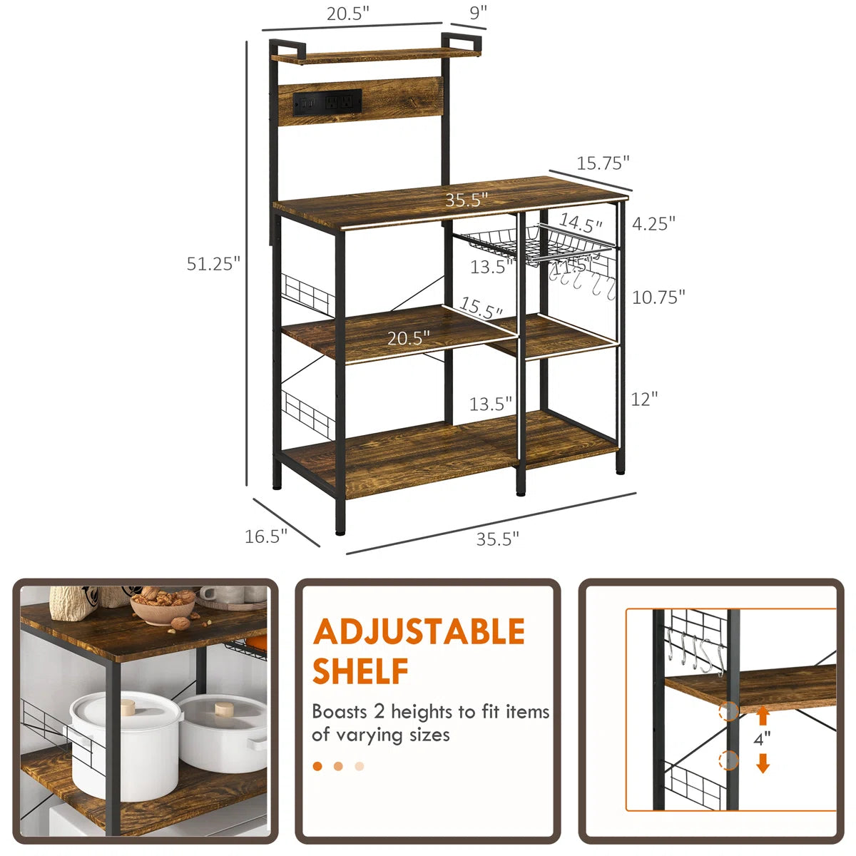 Kitchen Racks: 20.6'' Metal kitchen baker’s rack with microwave compatibility, sleek storage for tight spaces