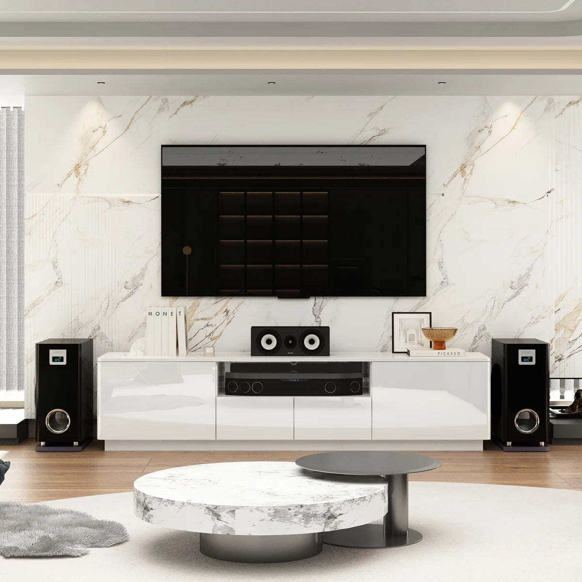 tv panel: Modern TV stand fits 88" screens with storage and clean design