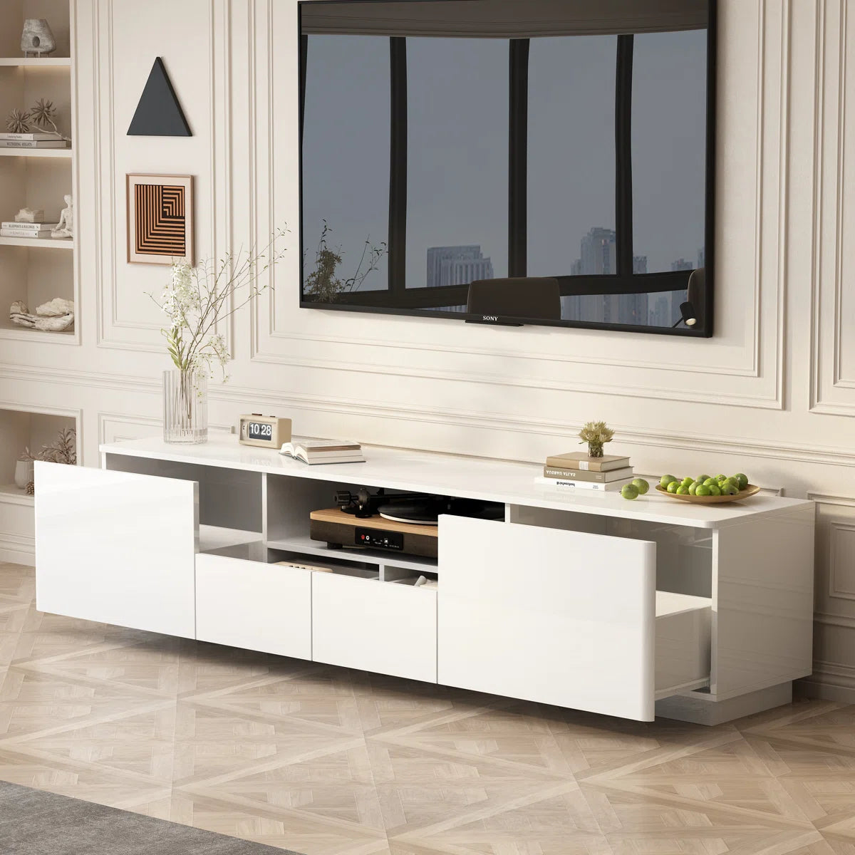 tv panel: Modern TV stand fits 88" screens with storage and clean design