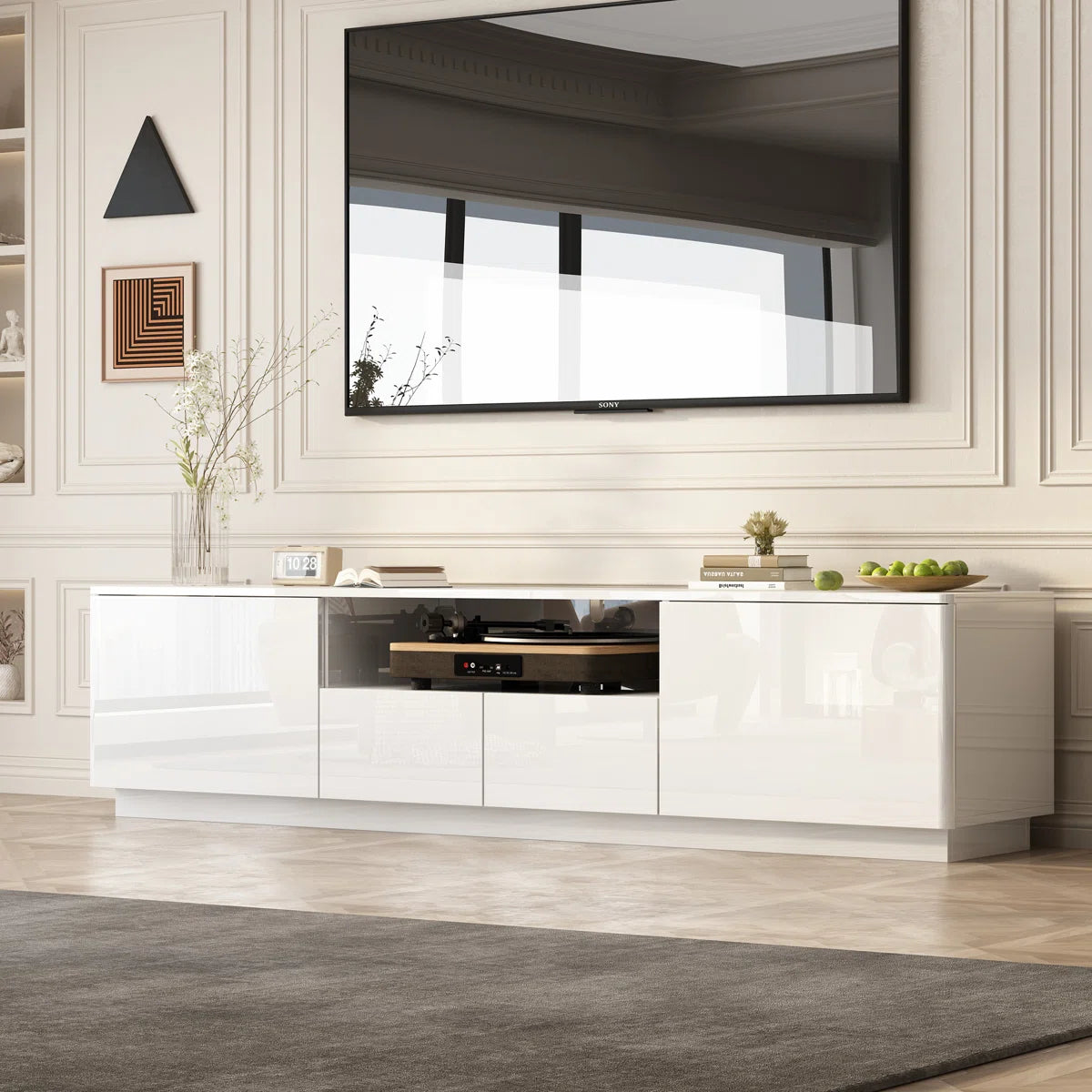 tv panel: Modern TV stand fits 88" screens with storage and clean design