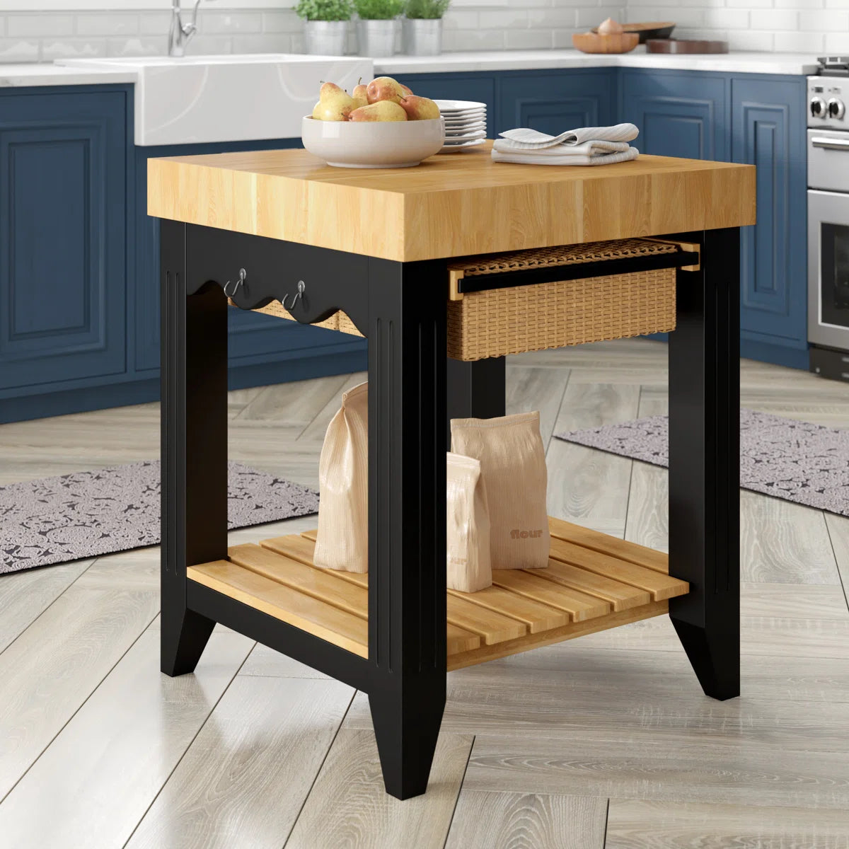Kitchen Island Table with Baskets & Hooks Traditional Butcher Block– Acacia & Rubberwood