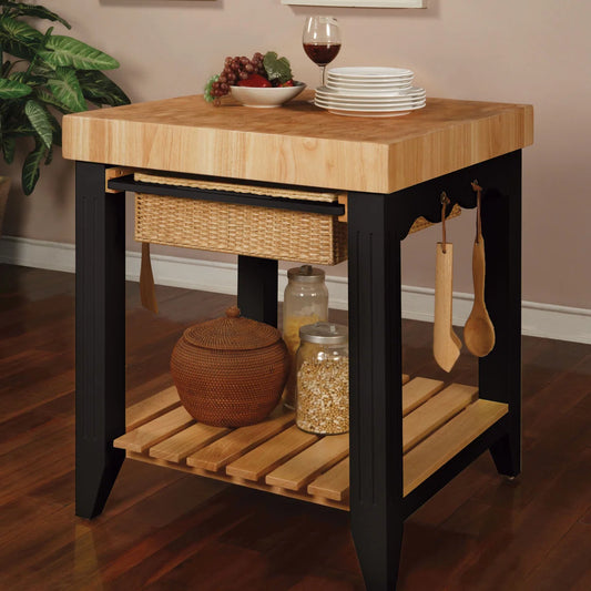 Kitchen Island Table with Baskets & Hooks Traditional Butcher Block– Acacia & Rubberwood