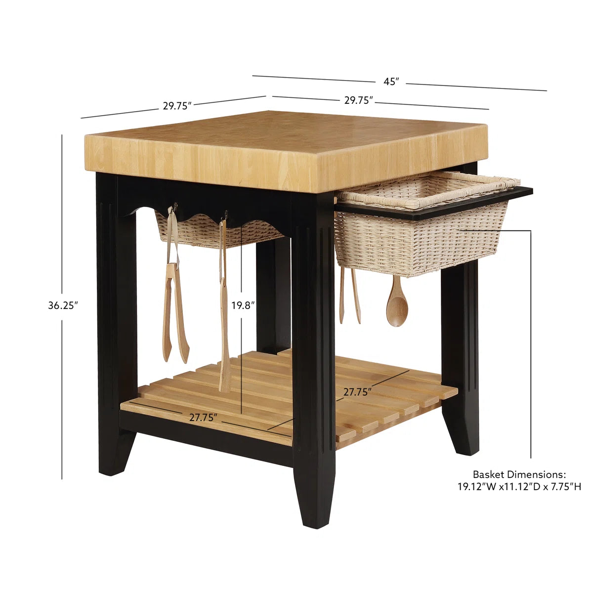Kitchen Island Table with Baskets & Hooks Traditional Butcher Block– Acacia & Rubberwood