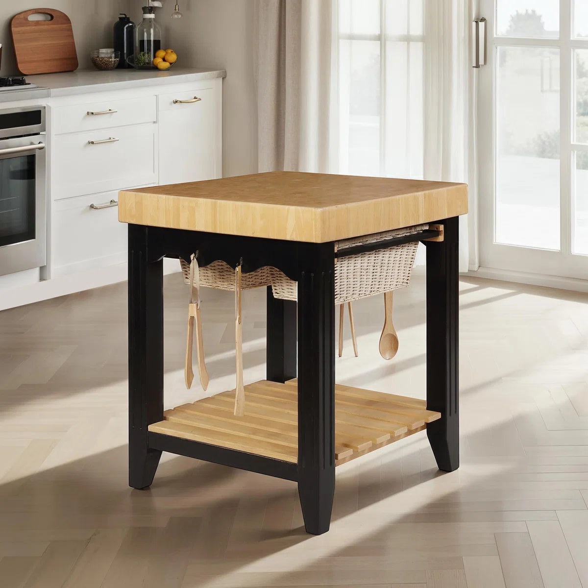 Kitchen Island Table with Baskets & Hooks Traditional Butcher Block– Acacia & Rubberwood