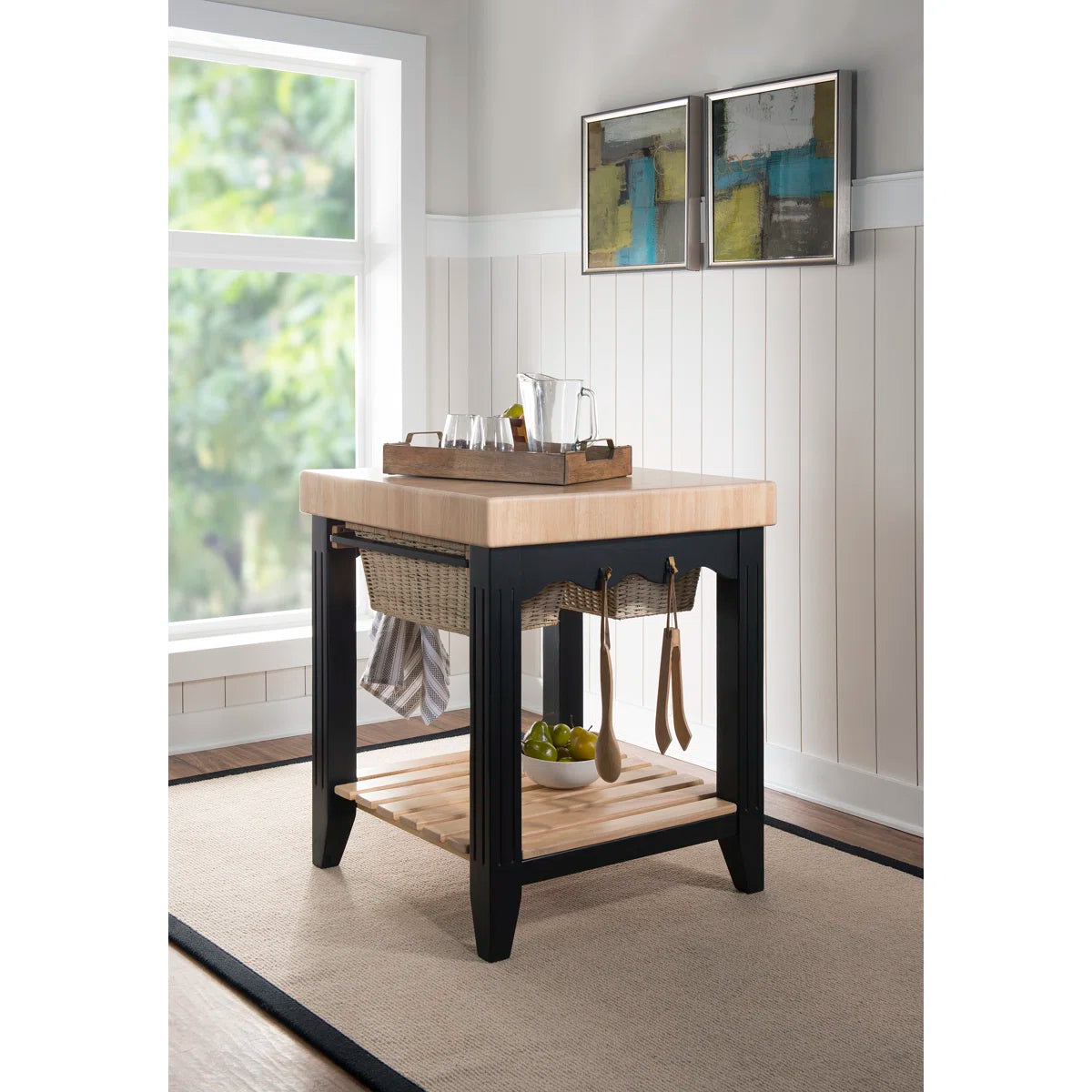 Kitchen Island Table with Baskets & Hooks Traditional Butcher Block– Acacia & Rubberwood