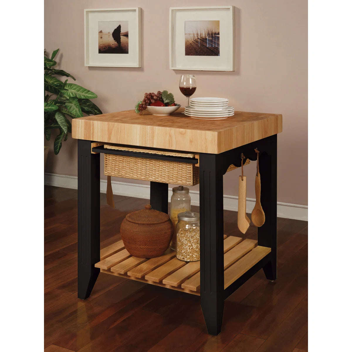 Kitchen Island Table with Baskets & Hooks Traditional Butcher Block– Acacia & Rubberwood