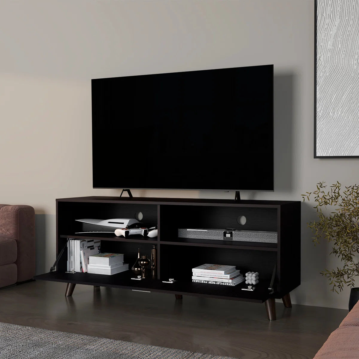tv panel: Modern Black tv panel in Wengue Finish with Clean Urban Design