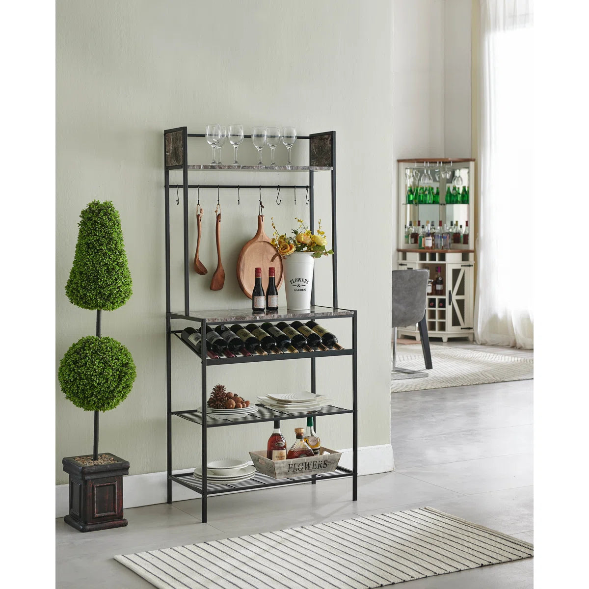 Kitchen Racks: Wine Bakers Rack with Freestanding Kitchen Racks: Shelves for Floor Storage Microwave Stand, Glass and Wine Bottle Holder Kitchen Organizers