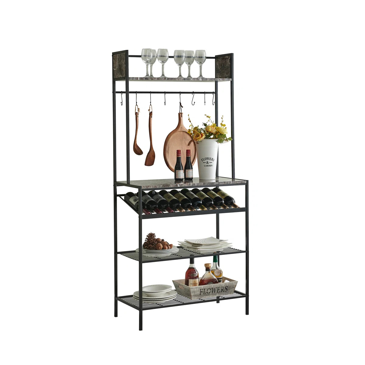 Kitchen Racks: Wine Bakers Rack with Freestanding Kitchen Racks: Shelves for Floor Storage Microwave Stand, Glass and Wine Bottle Holder Kitchen Organizers