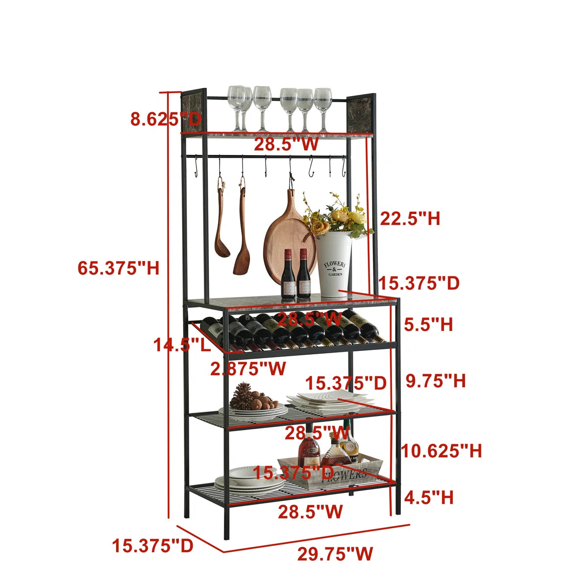 Kitchen Racks: Wine Bakers Rack with Freestanding Kitchen Racks: Shelves for Floor Storage Microwave Stand, Glass and Wine Bottle Holder Kitchen Organizers