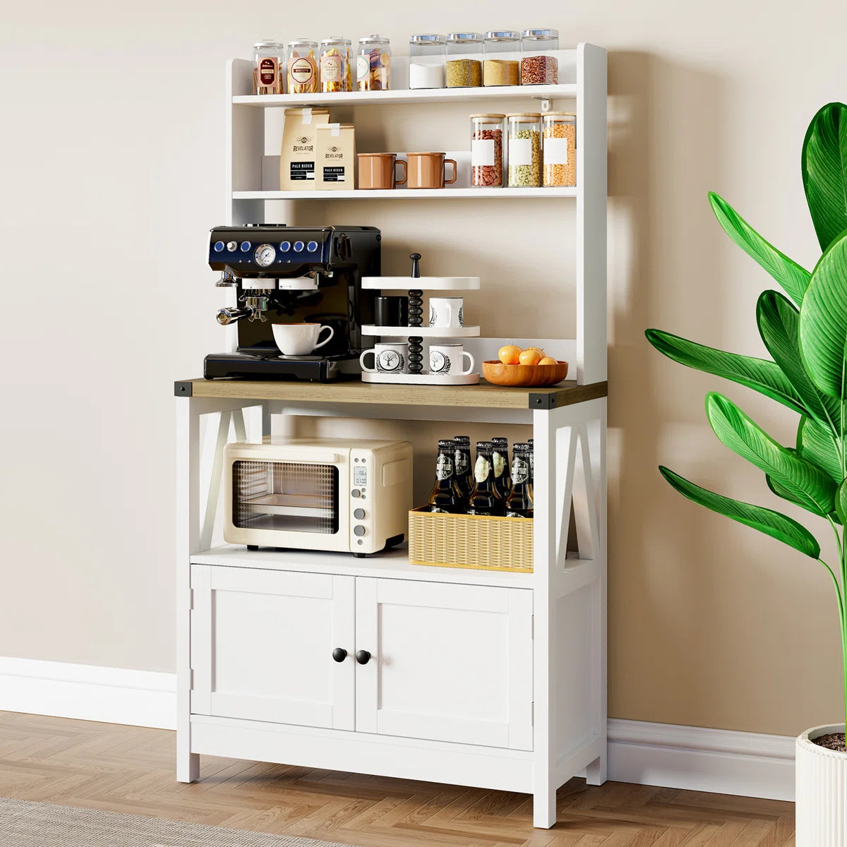 Microwave Stands: 31.15'' Wooden Microwave Stands – Multi-Tier Baker’s Rack with Storage