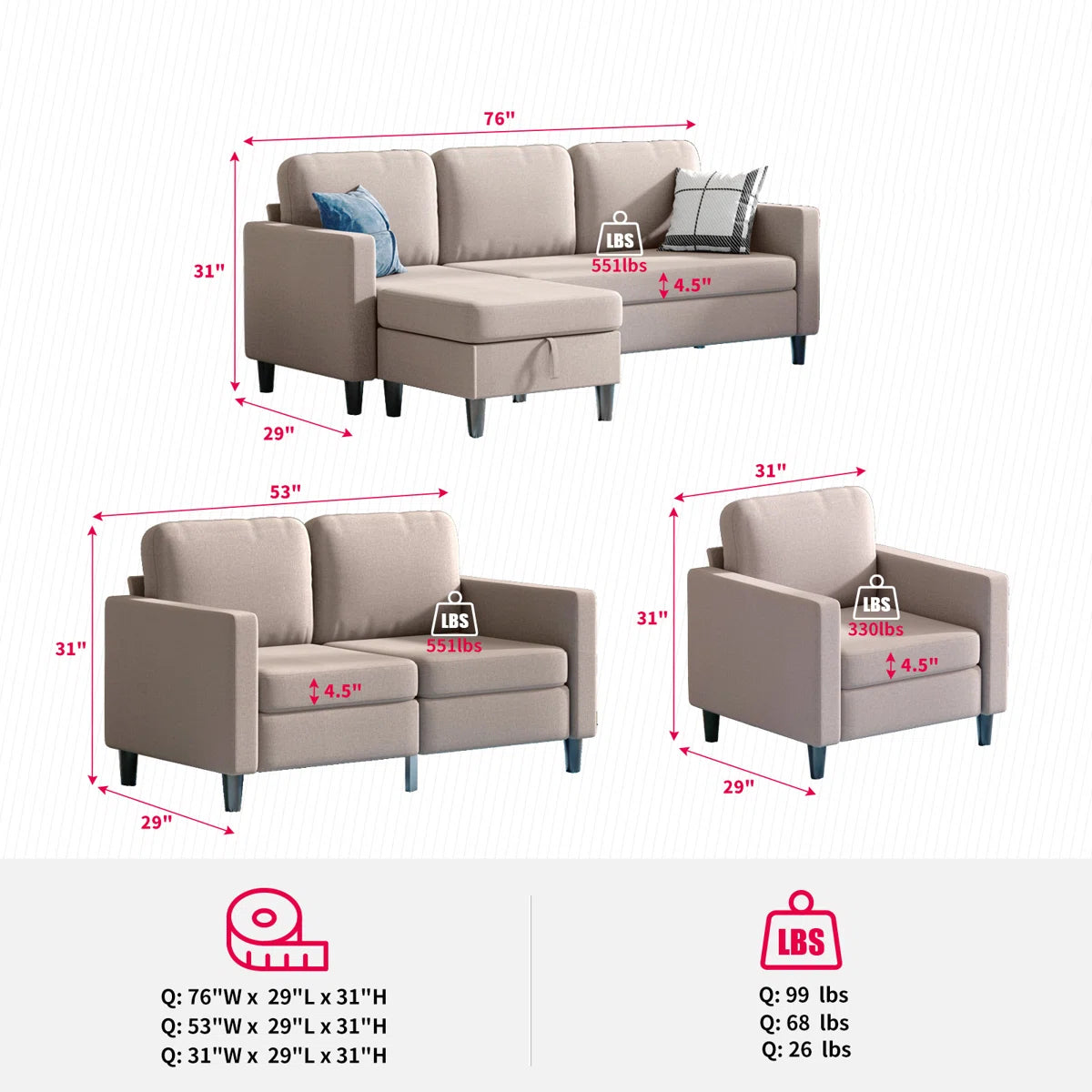 7 Seater Sofa Set: 4-Piece Living Room Furniture Collection