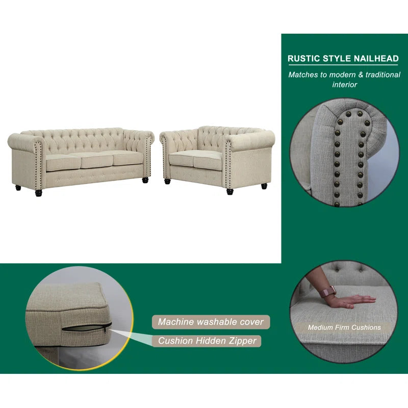 Luxury Sofa Sets: Chesterfield 2+3 Seater Sofa Set with Rolled Arms & Tufted Detailing