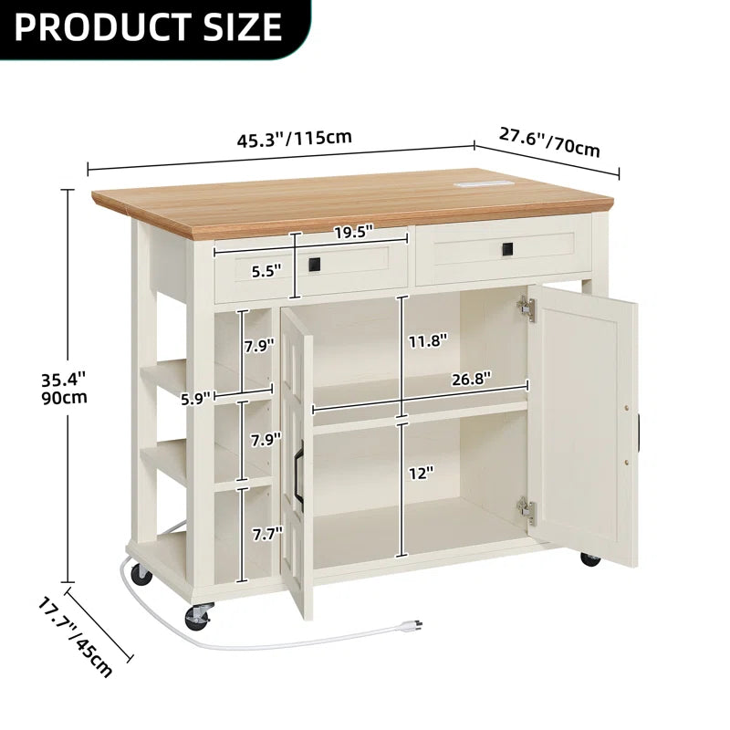Kitchen Island Table – Brianny Foldable Cart with Drawers & Power Outlet