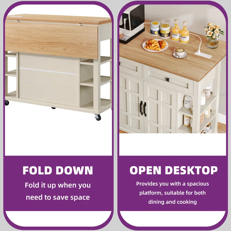 Kitchen Island Table – Brianny Foldable Cart with Drawers & Power Outlet