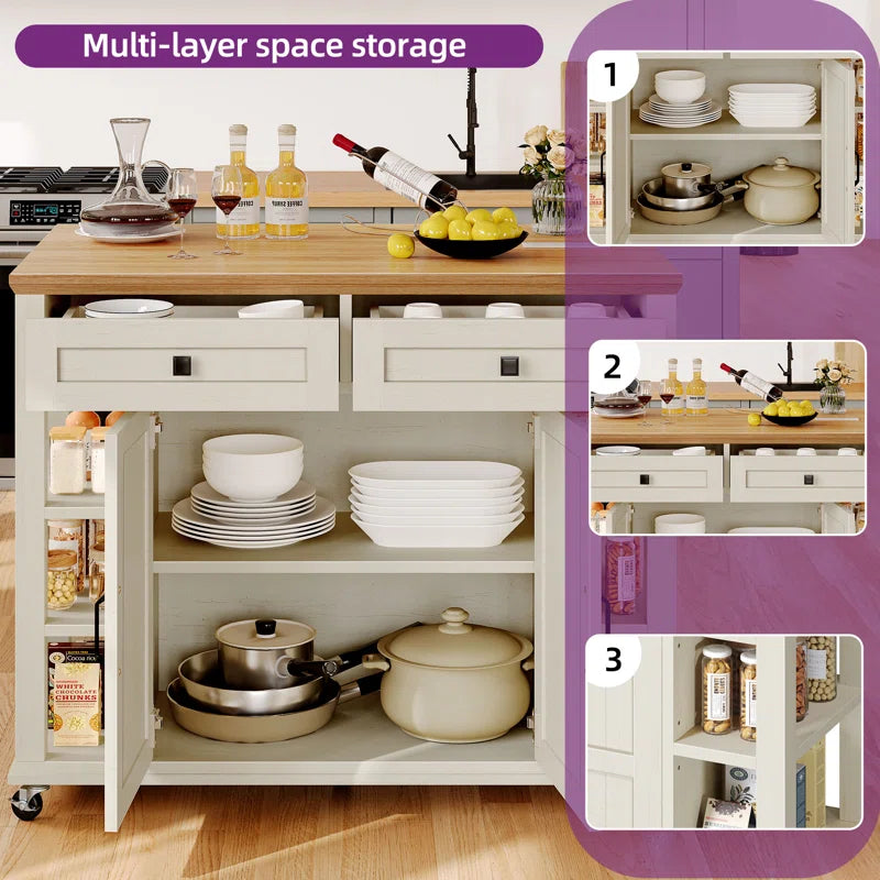 Kitchen Island Table – Brianny Foldable Cart with Drawers & Power Outlet