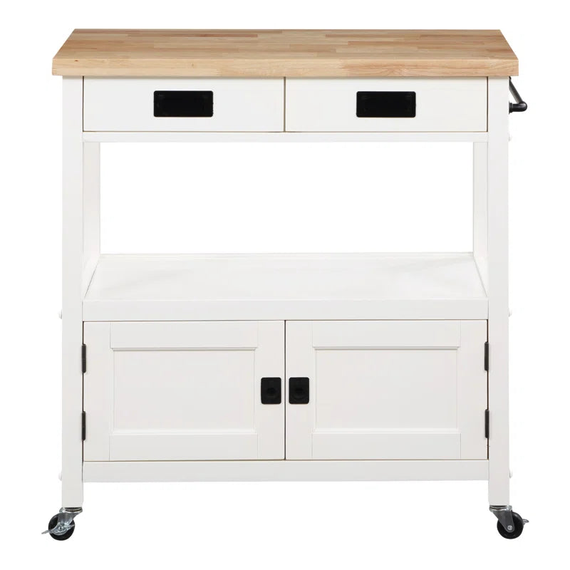 Kitchen Island Table: 34.75'' Wide White Farmhouse-Style Cart with Solid Wood Top