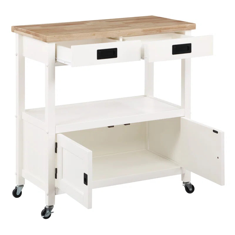 Kitchen Island Table: 34.75'' Wide White Farmhouse-Style Cart with Solid Wood Top