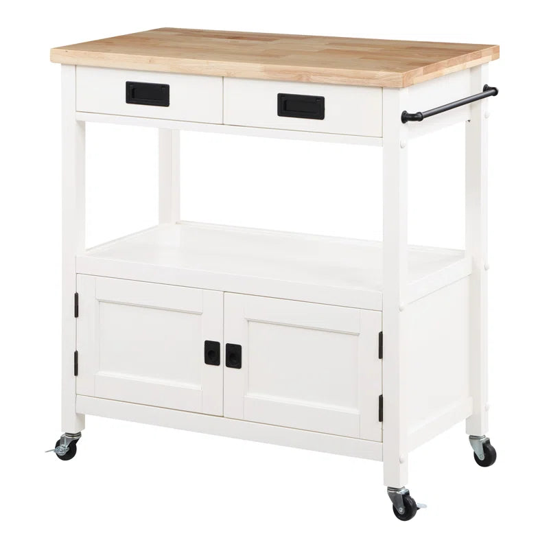 Kitchen Island Table: 34.75'' Wide White Farmhouse-Style Cart with Solid Wood Top